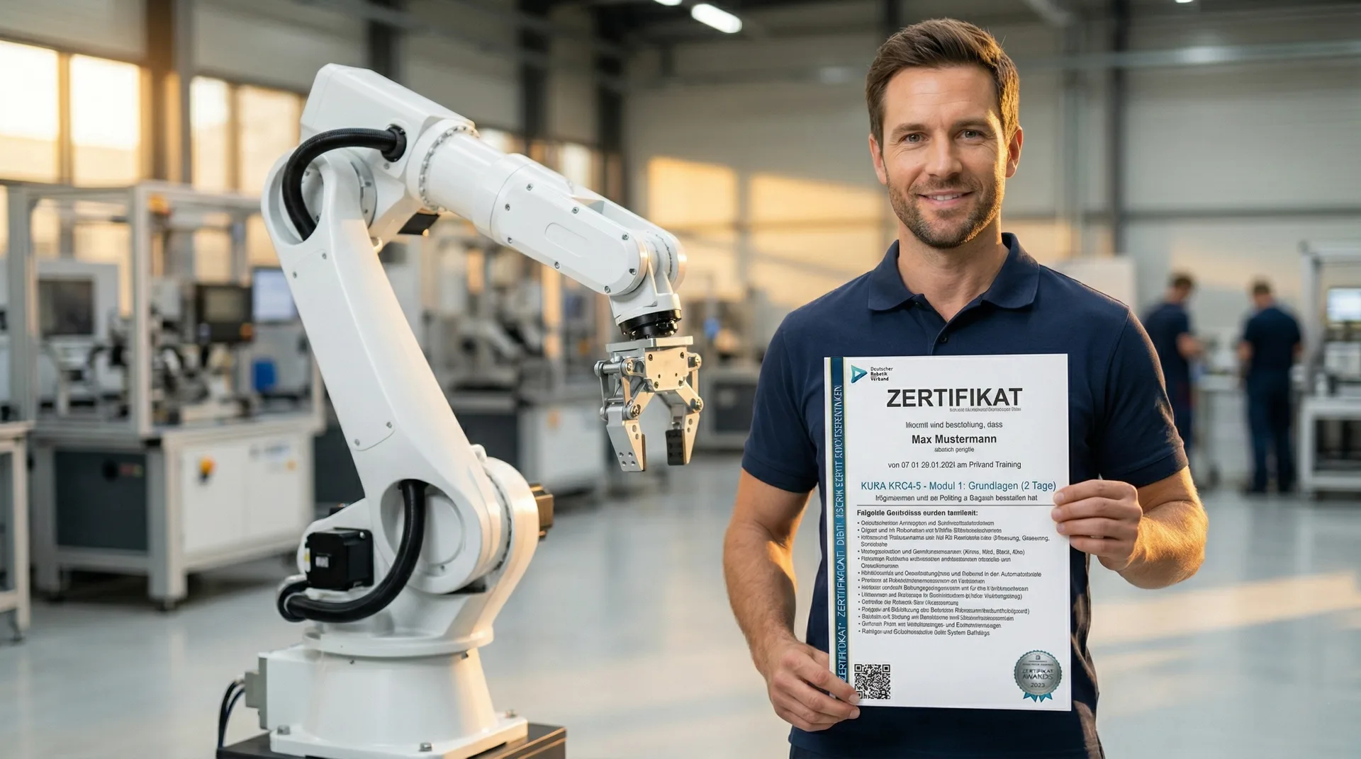 mann mit zertifikat weisser roboter 1